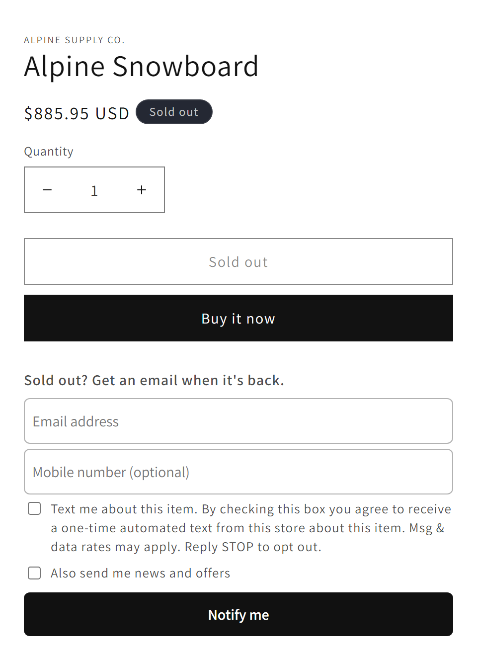 A sold-out product page on the Dawn theme with the Reshelf form under the Buy it now button: an email field, an optional mobile number field, a text-message consent checkbox, a news checkbox and a Notify me button