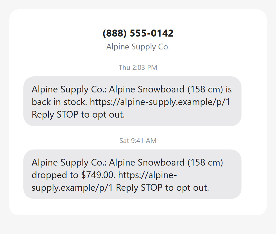 A text-message thread from the store's toll-free number: a back-in-stock text with the product name and link, then a price-drop text with the new price, each ending with Reply STOP to opt out